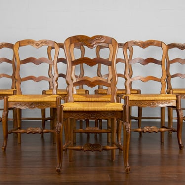 Antique Country French Louis XV Provincial Walnut Rush Dining Chairs- Set of 8 
