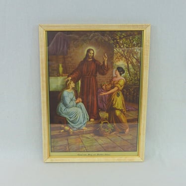 Vintage Framed Religious Print - Christ with Mary and Martha by Dietrich - Beige Frame w/ Gold Trim plus Glass - 9" x 12" 