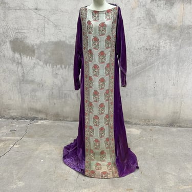 Vintage 1930s Purple Silk Velvet Dress Bird Lamé Brocade Blue & Red Full Length