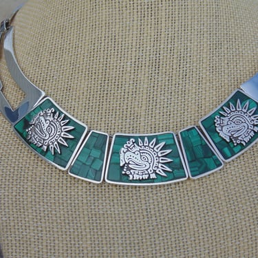 Enrique Ledesma ~ Vintage Mexican Sterling Silver and Green Malachite Stone Aztec Eagle Warrior Necklace 