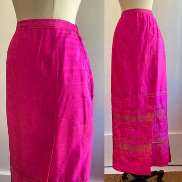 Vintage 60s Mod Hot PINK SILK Wiggle Maxi Skirt / GOLD Lurex Embroidery 