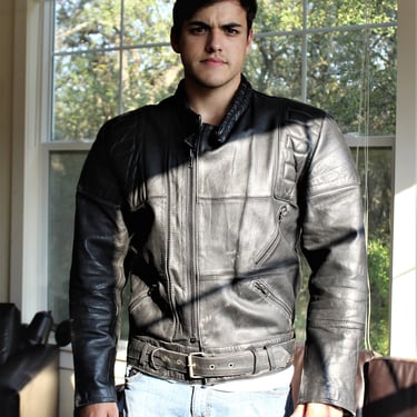 80s Leather Jacket, Black Motorcycle Jacket, 80s Biker Jacket, Size 42 US Men 