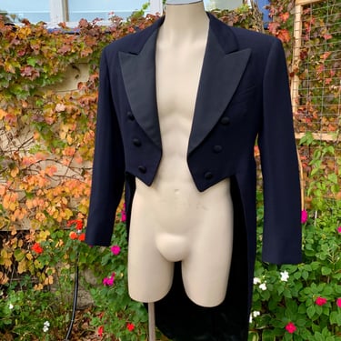 1940's Cut-Away TAILS Tuxedo Jacket - Wool with Ribbed Silk Satin Notched Lapels - Midnight Blue - Silk Lining - Size Medium 