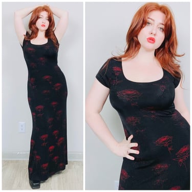 1990s Vintage Microfiber Nylon Falling Roses Dress / 90s Stretch Body Con Goth Maxi Gown / Medium - Large 