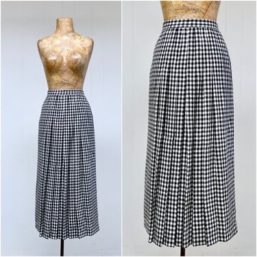 Vintage 1970s Black and White Pleated Plaid Skirt, JG Hook Preppy Style, Small 24" Waist, VFG 