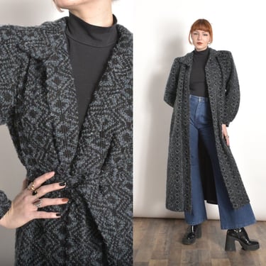 Vintage 1980s Coat / 80s Diamond Print Wool Wrap Coat / Gray Blue (S M L) 