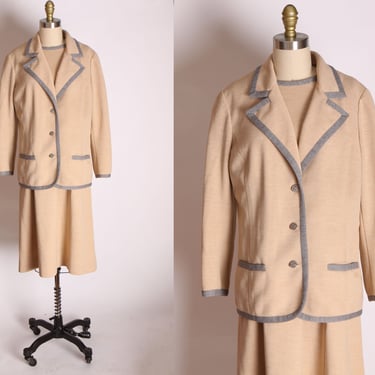 1960s Tan and Gray Knit Two Piece Shift Dress with Matching Long Sleeve Blazer Jacket by Butte Knit -L 