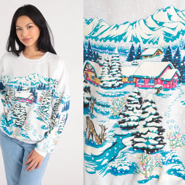 Snow Sweatshirt 80s 90s Ski Sweater Puffy Paint Tree Mountain Slouchy Deer White Textured Winter Graphic 1980s Retro Vintage Medium Large 