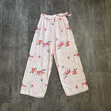 1940s rayon pants . pink floral print pants . 23-25 waist 