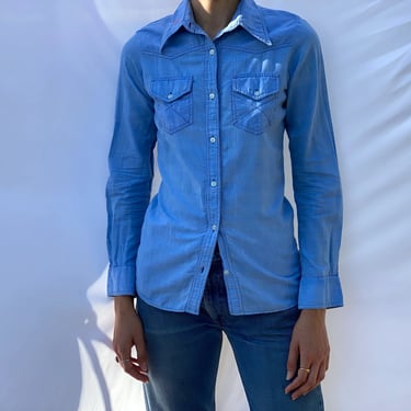 1970's Blouse / Embroidered Heart Collar Chambray Shirt / Lightweight Cotton Shirt / Western Button Up Shirt Denim Shirt 