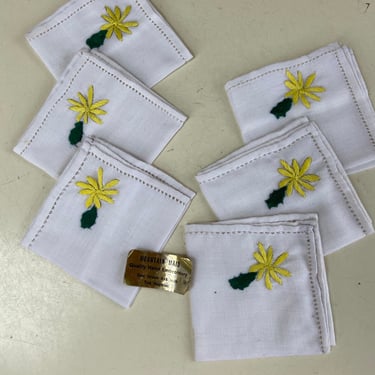 Vintage set 6 tea napkins beige cotton linen yellow flower needlepoint 7” x 7 by Mountain Maid 