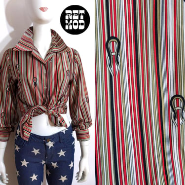 Chic Vintage 70s Black Red Beige White Stripe Loop Patterned Button Down Long Sleeve Shirt 