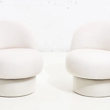 Modern Drama Pouf Swivel Chairs in White Boucle