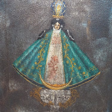 Antique Our Lady Votive Retablo Original Painting on Tin, La Virgen de San Juan de los Lagos, Ex Voto,  Artist Signed. 