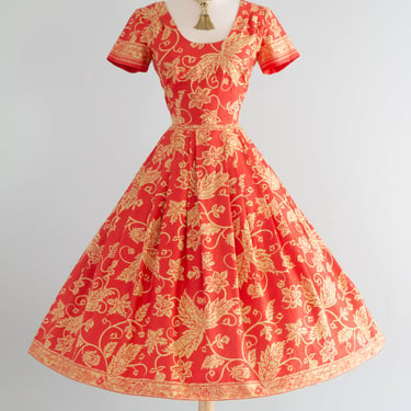 Fabulous 1950's Carolyn Schnurer Polished Cotton Batik Floral Border Print Summer Dress / Small