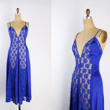 70s Blue Lace Nightgown Slip Dress / Wedding Slip / 1970s / Boudoir / Full Slip Dress / Vintage Nightgown / Val Mode / Size S/M 