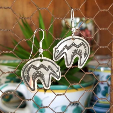Vintage Spirit Bear Earrings~Southwest Jewelry Native American Earrings~Etched Metal Bear Fetish Earrings~JewelsandMetals 