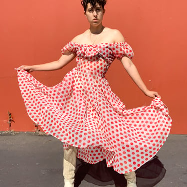1950s Sheer Red and White Polka Dot Dress