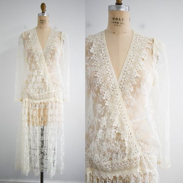 1980s-does-1920s Cream Lace Drop Waist Dress 