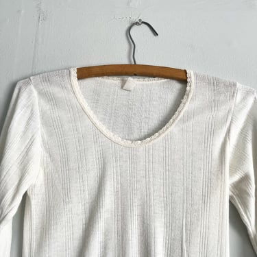 Vintage 70s 80s Sears Sheer Ribbed Scoop Neck Lace Collar Womens Shirt Size M 