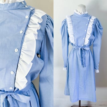 Vintage 1980s Blue and White Prairie Dress / M 