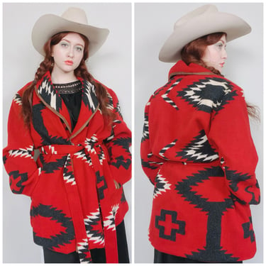 1990s Vintage Black Mountain Peak Maroon Southwestern Coat / 90s Western Wrap Suede Trim Blanket Jacket / Size 2X 