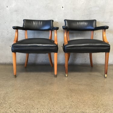 Pair of Vintage Black Leather & Wood Chairs