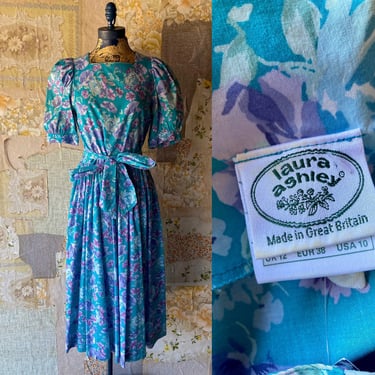 1980s Laura Ashley Blue and Purple Cotton Puff Sleeve Midi Dress. By Copperhive Vintage. 