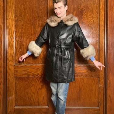 60s Mod leather coat with fox fur trim 