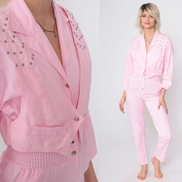 Baby Pink Jumpsuit 80s Studded Coveralls Button up Attached Vest Twofer Pants Long Sleeve Boilersuit One Piece Pastel Vintage 1980s 2xs xxs 