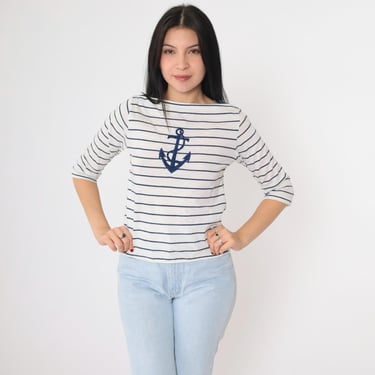 Vintage Striped Anchor Shirt 80s Nautical Top White Boatneck Sailor Tshirt 1980s Retro Yacht Shirt 1980s 1/2 Sleeve T Shirt Small 