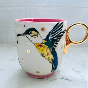 Hummingbirds by Lee Page Hanson Anthropologie Coffee/Tea Mug with Gold Handle by LeChalet