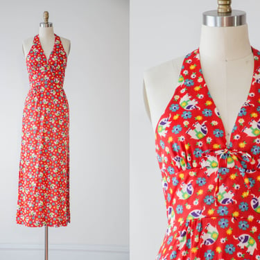 red halter dress | 60s 70s vintage elephant pattern cute novelty print strapless boho hippie long maxi dress 