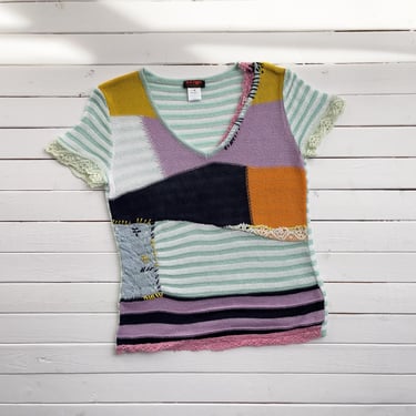 Christian LaCroix sweater 90s vintage Bazar patchwork abstract short sleeve sweater 