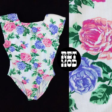 NWOT Sassy Vintage 80s 90s Blue Pink Floral White Ribbed Bodysuit by Tight End 