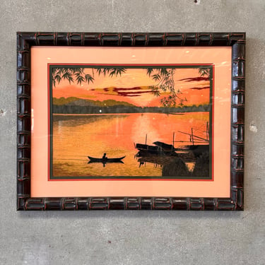 Vintage Pinoy String Art Painting - Sunset Canoe Boats Needlepoint Island Art