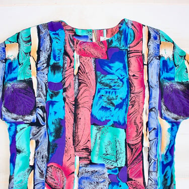 Vintage 80s Abstract Blouse, 1980s Geometric Blouse, Colorful & Bright, Oversized, Short Sleeve, Boxy 