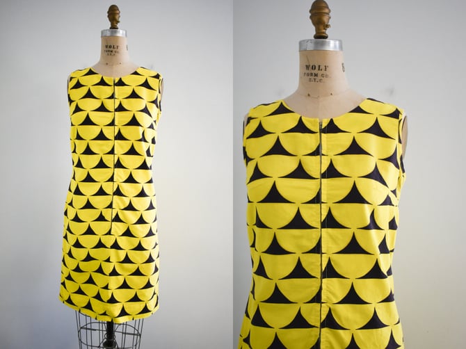 1960s Yellow and Black Cotton Shift Dress 