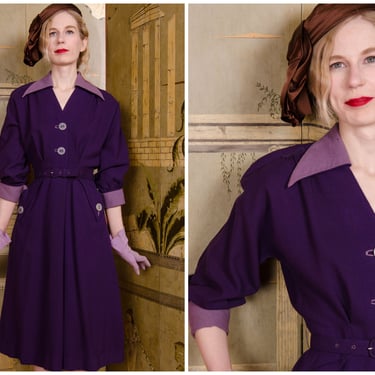 1940s Dress -  Vintage Late 40s Saturated Purple Wool Dress in with Color Block Lavender Contrast by R&K Original 
