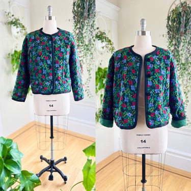 Vintage 1980s Bomber Jacket | 80s GUY LAROCHE Quilted Wool Floral Green Lightweight Designer Chore Coat | x-large 