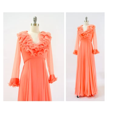 70s Alfred Bosand Vintage Peach Ruffle Dress Long Gown Size Small Maxi Dress with Long Sleeves and Ruffle Collar Silk Peach Long Dress Gown 