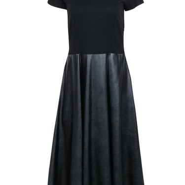 Lafayette 148 - Black Short Sleeve Midi Dress w/ Faux Leather Skirt Sz M