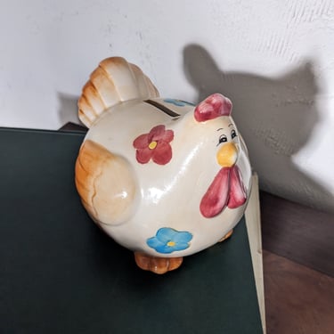 Vintage Ceramic Chicken with Retro Flowers Piggy Bank 