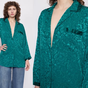 80s Victoria's Secret Jade Green Gold Crown Label Lounge Top - Small | Vintage Jacquard Satin Long Sleeve Pajama Shirt 