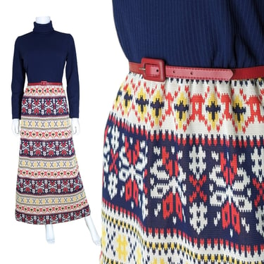 Vintage 70s Maxi Dress, Medium / High Neck Hostess Dress with Woven Snowflake Pattern / Navy Blue Long Flared Holiday Dress 