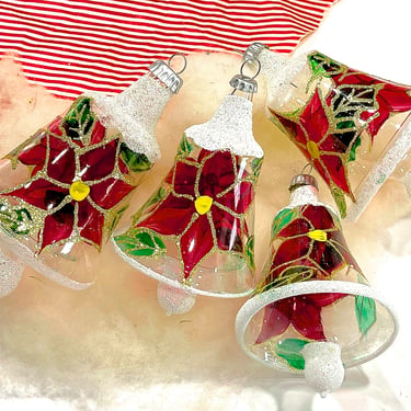 VINTAGE: 4pcs - Hand Blown Christmas Poinsettia Bell Ornaments - Hand Decorated - Christmas Holidays Xmas 