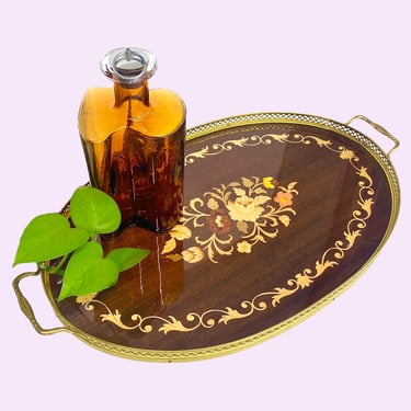 Vintage Inlaid Wood Tray Retro 1960s Mid Century Modern + Marquetry + Brown/Gold + Flower Design + Oval Metal Frame + Home Decor + Italy 