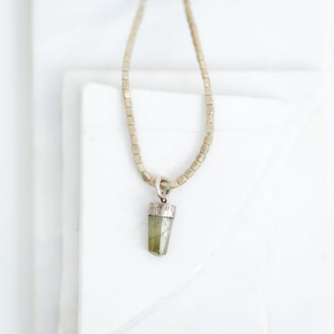 Silver Tone Trade Beads Necklace with Cloudy Tourmaline Pendant