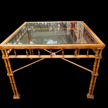 Vintage square faux bamboo dining / card table with glass top 