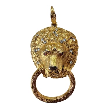 Vintage 60s Lion Head Pendant Door Knocker Hammered Gold Rhinestones 